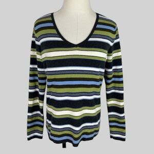 90s Talbots Striped V-Neck Long Sleeve Pullover Cotton Top Small Green Grey